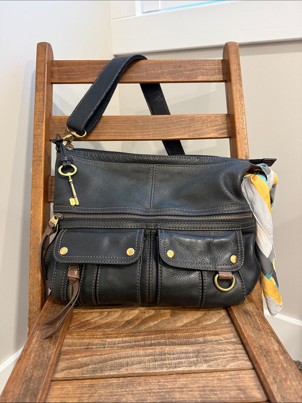 Vintage Fossil Leather Crossbody Bag Black Navy Multi Pocket Long Live Vintage